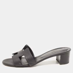 Hermes Black Leather Oasis Block Heel Slide Sandals Size 38.5