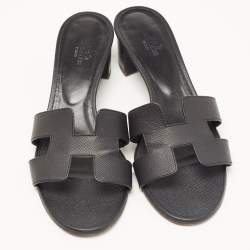 Hermes Black Leather Oasis Block Heel Slide Sandals Size 38.5