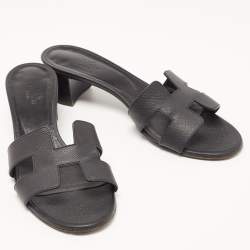 Hermes Black Leather Oasis Block Heel Slide Sandals Size 38.5