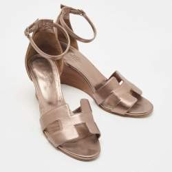Hermes Metallic Leather Legend Wedge Sandals Size 39.5