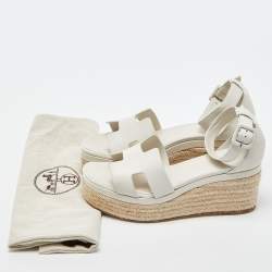 Pre Owned Hermes Off White Leather Elda Wedge Platform Ankle Strap Espadrilles Size 39
