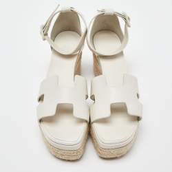 Pre Owned Hermes Off White Leather Elda Wedge Platform Ankle Strap Espadrilles Size 39