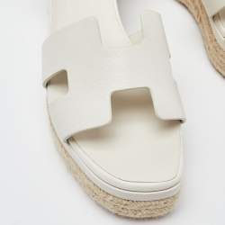 Pre Owned Hermes Off White Leather Elda Wedge Platform Ankle Strap Espadrilles Size 39