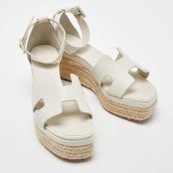 Pre Owned Hermes Off White Leather Elda Wedge Platform Ankle Strap Espadrilles Size 39