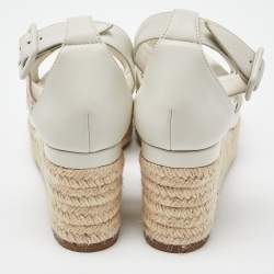Pre Owned Hermes Off White Leather Elda Wedge Platform Ankle Strap Espadrilles Size 39