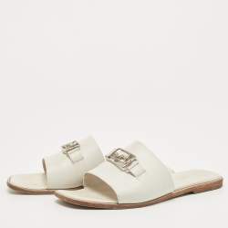 Hermes White Leather Villa  Flat Slides Size 38.5   