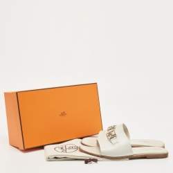 Hermes White Leather Villa  Flat Slides Size 38.5   