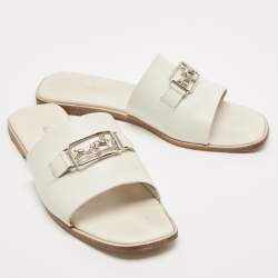 Hermes White Leather Villa  Flat Slides Size 38.5   