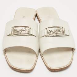 Hermes White Leather Villa  Flat Slides Size 38.5   