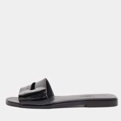 Hermes Black Patent Leather View Flat Slides Size 37