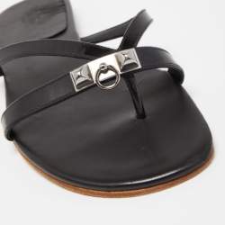 Hermes Black Leather Corfu Thong Flat Sandals Size 41