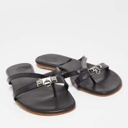 Hermes Black Leather Corfu Thong Flat Sandals Size 41