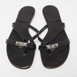 Hermes Black Leather Corfu Thong Flat Sandals Size 41