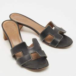 Hermes Black Leather Oasis Slide Sandals Size 36 