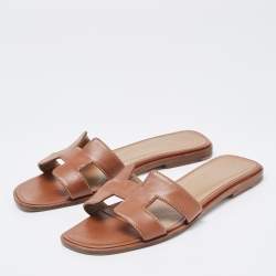 Pre Owned Hermes Brown Leather Oran  Sandals Size 36