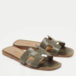 Hermes Green Lizard Leather Oran Flat Slides Size 38