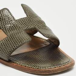 Hermes Green Lizard Leather Oran Flat Slides Size 38