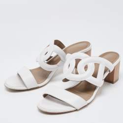 Pre Owned Hermes White Leather Bikini Slide Sandals Size 38