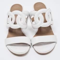Pre Owned Hermes White Leather Bikini Slide Sandals Size 38