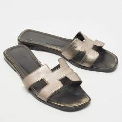 Hermes Metallic Leather Oran Flat Slides Size 38.5 