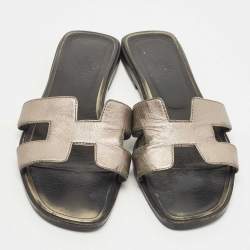 Hermes Metallic Leather Oran Flat Slides Size 38.5 