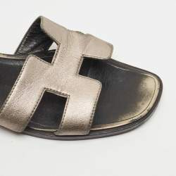 Hermes Metallic Leather Oran Flat Slides Size 38.5 