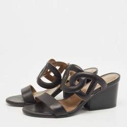 Hermes Black Leather Bikini Block Heel Slide Sandals Size 38