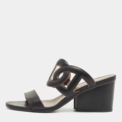 Hermes Black Leather Bikini Block Heel Slide Sandals Size 38