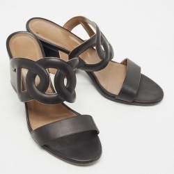 Hermes Black Leather Bikini Block Heel Slide Sandals Size 38
