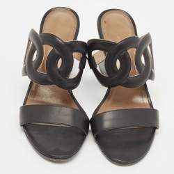 Hermes Black Leather Bikini Block Heel Slide Sandals Size 38