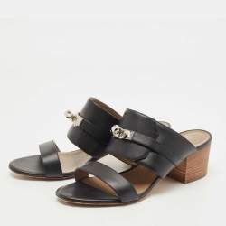 Hermes Black Leather Ovation Slide Sandals Size 38