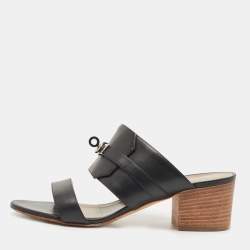 Hermes Black Leather Ovation Slide Sandals Size 38