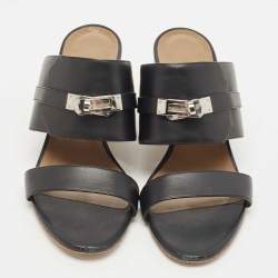 Hermes Black Leather Ovation Slide Sandals Size 38