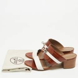 Hermes Brown Crocodile and Leather Ovation Slide Sandals Size 38
