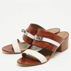 Hermes Brown Crocodile and Leather Ovation Slide Sandals Size 38