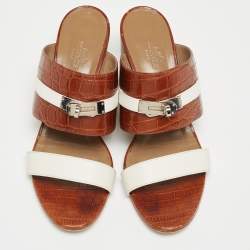 Hermes Brown Crocodile and Leather Ovation Slide Sandals Size 38