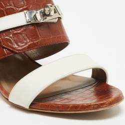 Hermes Brown Crocodile and Leather Ovation Slide Sandals Size 38