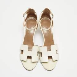 Pre Owned Hermes White Leather Premiere 70 Wedge Sandals Size 38.5