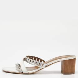 Hermes White/Silver Leather Ajaccio Block Heel Slide Sandals Size 40