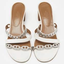 Hermes White/Silver Leather Ajaccio Block Heel Slide Sandals Size 40