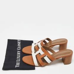 Pre Owned Hermes Brown/White Leather Amica Slide Sandals Size 40