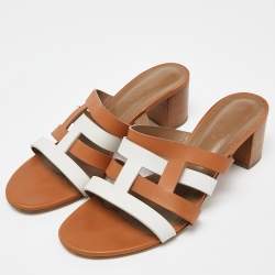Pre Owned Hermes Brown/White Leather Amica Slide Sandals Size 40