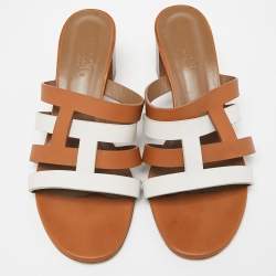 Pre Owned Hermes Brown/White Leather Amica Slide Sandals Size 40