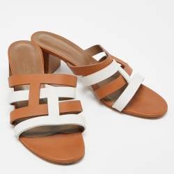 Pre Owned Hermes Brown/White Leather Amica Slide Sandals Size 40