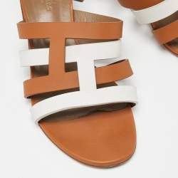 Pre Owned Hermes Brown/White Leather Amica Slide Sandals Size 40