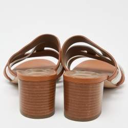 Pre Owned Hermes Brown/White Leather Amica Slide Sandals Size 40