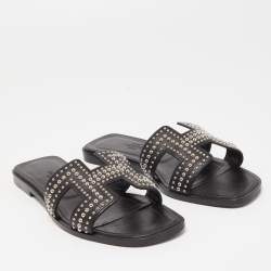 Hermes Black Studded Leather Oran Flat Slides Size 36