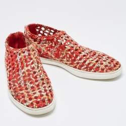 Pre Owned Hermes Orange/Yellow Printed Woven Fabric and Leather Oxygene Sneakers Size 40