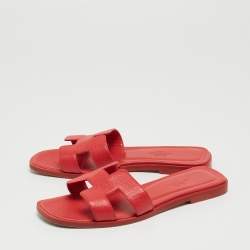 Hermes Red Leather Oran Flat Slides Size 35