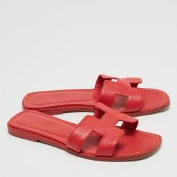 Hermes Red Leather Oran Flat Slides Size 35